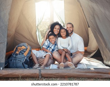 Happy Black Family, Smile And Camping In Tent For Fun, Adventure And Bonding Together In Nature. Portrait Of African Mother, Father And Children Relax On Holiday Camp For Summer Vacation And Outdoors