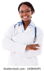 Happy Black Female Doctor Smiling - Isolated Over White Background