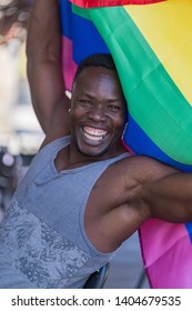 Happy Black Man With Glitter Beard Holding Rainbow Flag