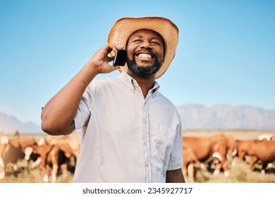Happy black man, phone call and animals for communication, farming or networking in the countryside. African male person smile and talking on mobile smartphone for conversation or discussion on farm