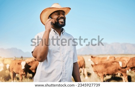 Happy black man, phone call and animals in countryside for farming, communication or networking. African male person smile and talking on mobile smartphone for conversation or discussion at the farm