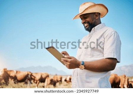 Happy black man, tablet and animals in agriculture, farming or sustainability in the countryside. African male person smile on technology with live stock, cows or cattle for small business or produce