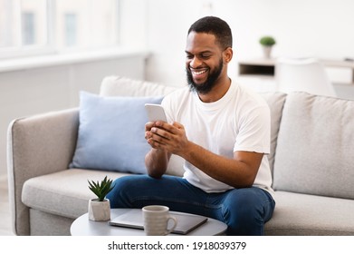 Happy Black Man Using Phone Browsing Internet And Networking In Social Media App Sitting On Couch At Home. Cheerful Cellphone User Testing New Application For Smartphone. Mobile Communication Concept