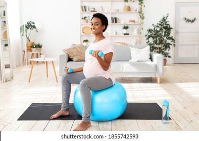 Happy black pregnant woman working out with dumbbells on fitball at home. Positive expectant African American lady doing strength exercises, keeping in good shape while waiting for baby