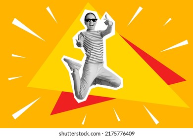 Happy Black And White Millennial Chinese Lady In Casual Outfit And Eyeglasses Having Fun On Colorful Background, Jumping Up And Gesturing, Creative Image For Millennials Lifestyle Concept