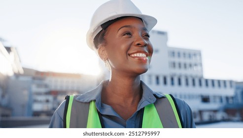 Happy, black woman and civil engineer with vision in city for construction, industrial development or architecture. Young African female person or builder with helmet and smile for building or dream - Powered by Shutterstock