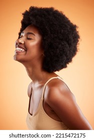 Happy Black Woman, Cosmetic Beauty And Natural Skincare Or Haircare Wellness. African Girl Skin Health, Afro Fun Hair And Healthy Happiness Glow Lifestyle In Studio Against Orange Background