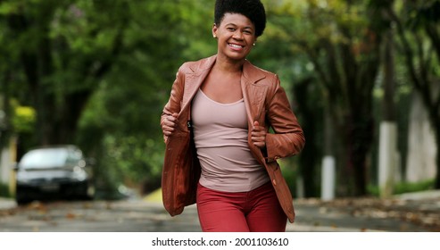 Happy Black Woman Dancing Outside. One Groovy African Person Dance