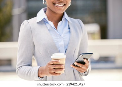 Happy Black Woman Hands Typing On Phone In City On Social Media On Work Break With Coffee Cup. Entrepreneur Browse Internet Or Online Web, Writing Business Email Sms Message Or Texting On Smartphone