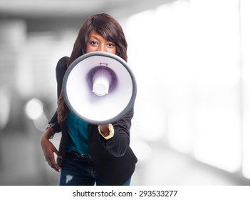 Happy Black Woman With Megaphone