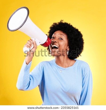 Happy black woman, megaphone and speaker in advertising or marketing against a yellow studio background. African female person, smile or voice with loudspeaker in announcement, alert or discount sale
