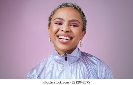 Happy Black Woman, Neon Fashion And Portrait Of Creative, Cyberpunk And Retro, Bold And Colorful Makeup, Clothes And Cosmetics On Studio Background. Unique, Vaporwave And Smile Gen Z Model Influencer