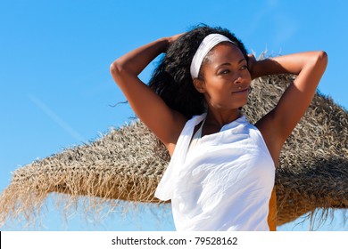 Happy Black Woman On The Beach Enjoy The Sun