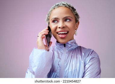 Happy Black Woman With Phone Call, Fashion And Talking Against A Mockup Purple Studio Background. Conversation, Communication Or Discussion On 5g Mobile Smartphone Technology With Edgy Young Female