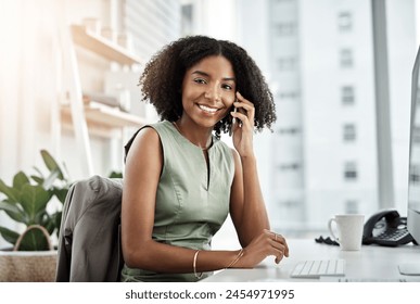 Happy black woman, portrait and business with phone call for discussion, proposal or communication at office. African female person, financial advisor or smile with mobile smartphone for conversation - Powered by Shutterstock