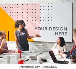 Happy Black Woman Presenting In An Office Meeting With A Board Mockup