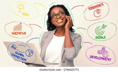 Happy black woman project manager with laptop talking on phone, surrounded by job description colorful icons, white background, panorama
