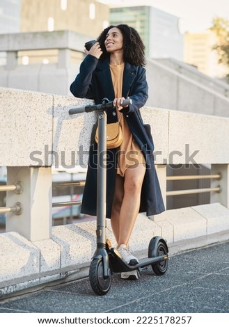 Happy black woman, scooter and city transport with coffee, smile and outdoor in urban, street or metro. Electric vehicle, transportation or sustainable travel, adventure and carbon neutral travel