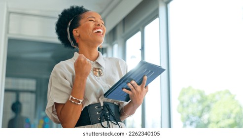 Happy black woman, tablet and victory for promotion, winning or good news at the office. Excited African American female employee in celebration for victory, win or achievement with touchscreen