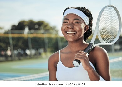 Happy black woman, tennis and professional on court with racket ready for match, game or outdoor sport. Face of African female person, athlete or sports player smile for fitness, practice or training - Powered by Shutterstock