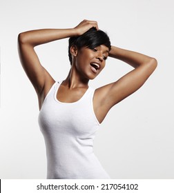 happy black woman in a white top