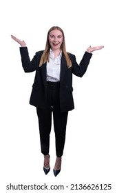 Happy Blonde Haired Young Business Woman In Black Suit With White Shirt, Standing Gesturing With Both Hands Full Body