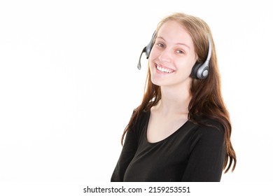 happy blonde woman over isolated white background working callcenter agency with headset phone