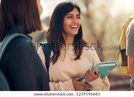 Happy, books or indian woman student with friends at school, college or university outdoor for learning, education or scholarship. Motivation, smile or group of young students for studying or academy