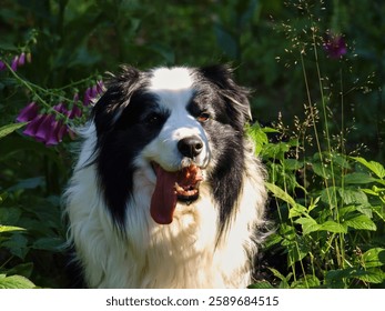 Happy Border Collie dog with tongue out in a garden