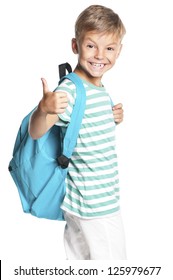 Happy Boy With Backpack Showing Thumbs Up Isolated On White Background