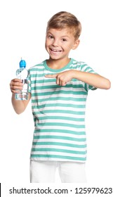 Happy Boy With Bottle Of Water Isolated On White Background