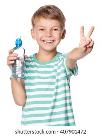 Happy Boy With Bottle Of Water Isolated On White Background