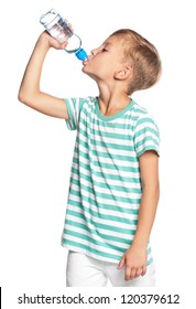 Happy Boy Drinks Water From A Bottle Isolated On White Background