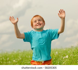 Happy Boy Enjoy On Meadow Stock Photo 58205305 