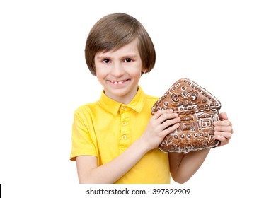 A happy boy with gingerbread-house