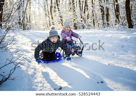 Happy boy and girl sledding from a hill in winter