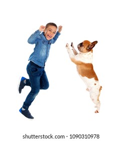 Happy Boy And His Dog Jumping Isolated On A White Background