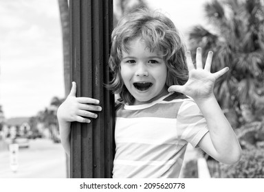 Happy Boy Kid Open Hand Showing Five Fingers In Greeting Summer Outdoors, Hi-five