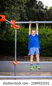 The Happy Boy Is Pulling Up On The Bar, Parkour Challenge, Summer Camp For Kids