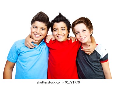 Happy Boys, Teenagers Smiling,  Portrait Of The Best Friends Isolated On White Background, Cute Kids Having Fun