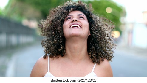 Happy Brazilian Hispanic Latina Woman Smiling To Camera Outside In Street.