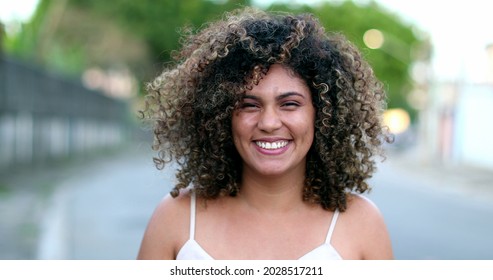 Happy Brazilian Hispanic Latina Woman Smiling To Camera Outside In Street.