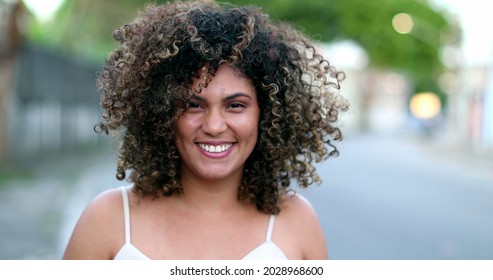 Happy Brazilian Hispanic Latina Woman Smiling To Camera Outside In Street.