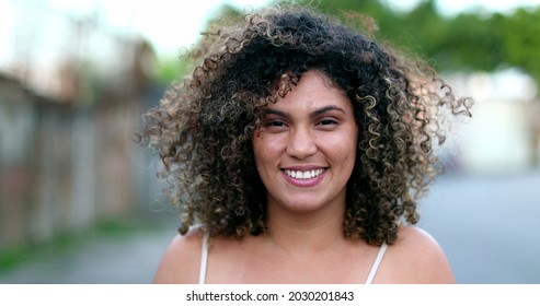 Happy Brazilian Hispanic Latina Woman Smiling To Camera Outside In Street.