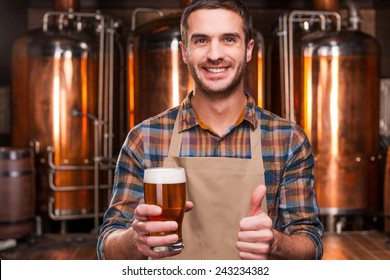 Happy brewer. Happy young male brewer in apron holding glass with beer and looking at it with smile while standing in front of metal containers - Powered by Shutterstock