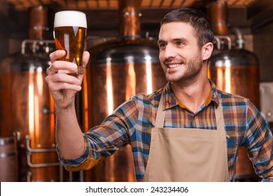 Happy brewer. Happy young male brewer in apron holding glass with beer and looking at it with smile while standing in front of metal containers - Powered by Shutterstock