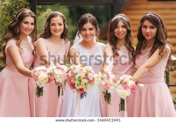 Happy Bride Bridesmaid Hold Bouquets Have Stock Photo Edit Now