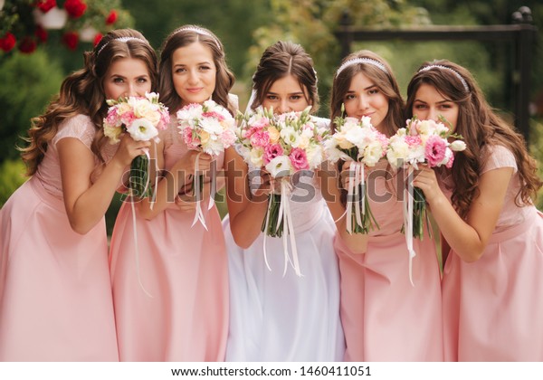 Happy Bride Bridesmaid Hold Bouquets Have Stock Photo Edit Now