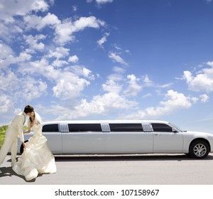 Happy Bride And Groom About Limousine In Wedding Day