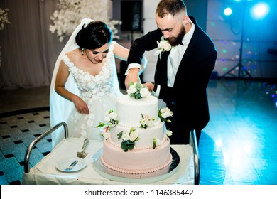 Happy bride and groom cut the wedding cake